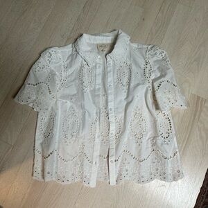 Sezane White Eyelet Button-Front Cotton Blouse